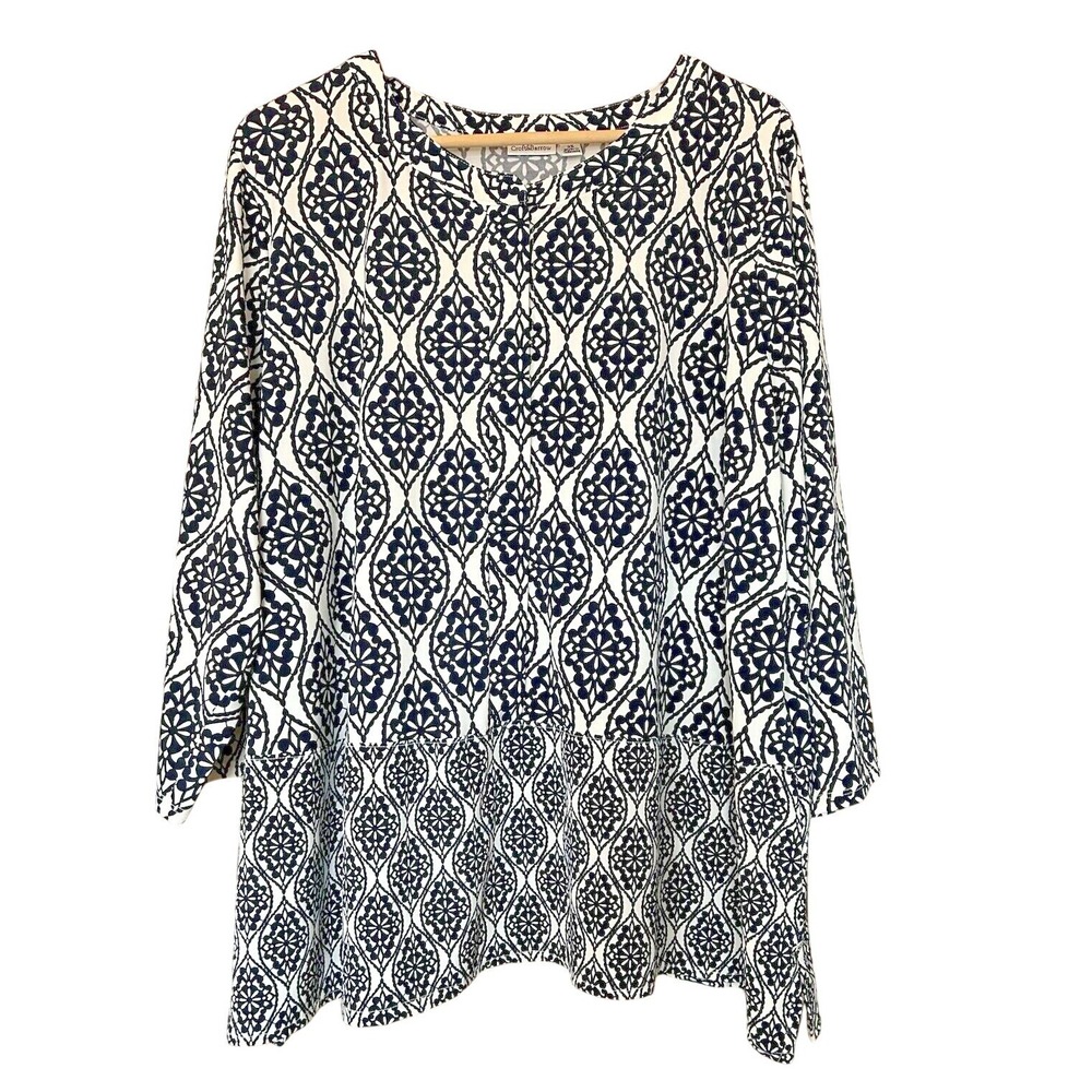 Croft & Barrow Stretch Tunic Top Travel Career Black White Boho Sz 2X 3/4 Sleeve